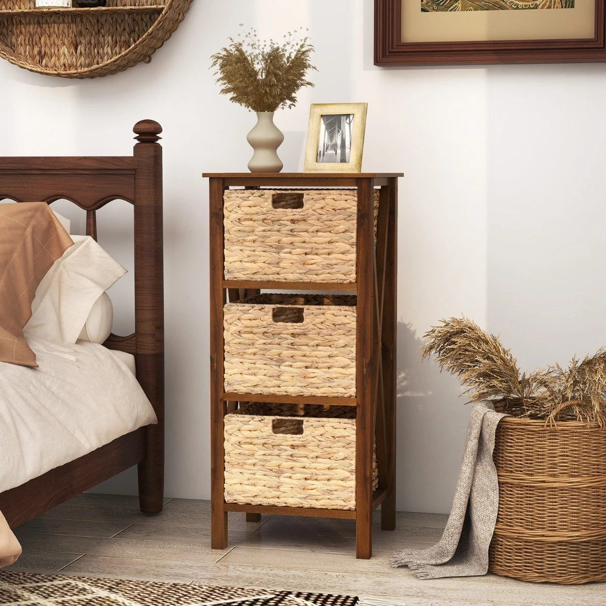 3/4-Tier Nightstand with 2/3 Seagrass Baskets Narrow X-Design-3 Baskets