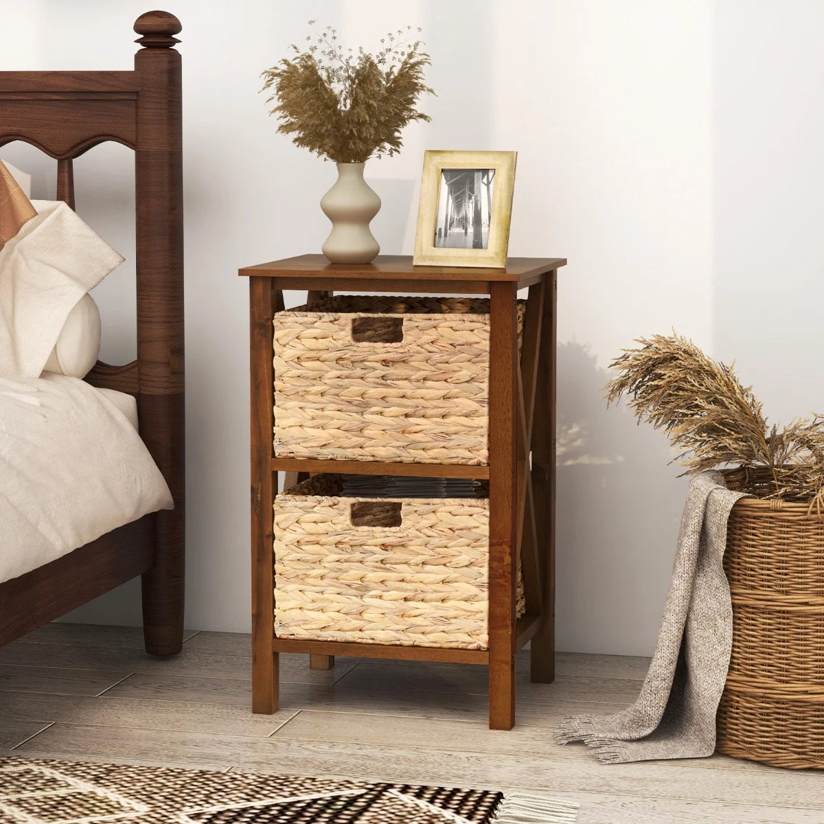3-Tier Nightstand with 2 Seagrass Baskets Narrow X-Design