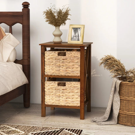 3-Tier Nightstand with 2 Seagrass Baskets Narrow X-Design