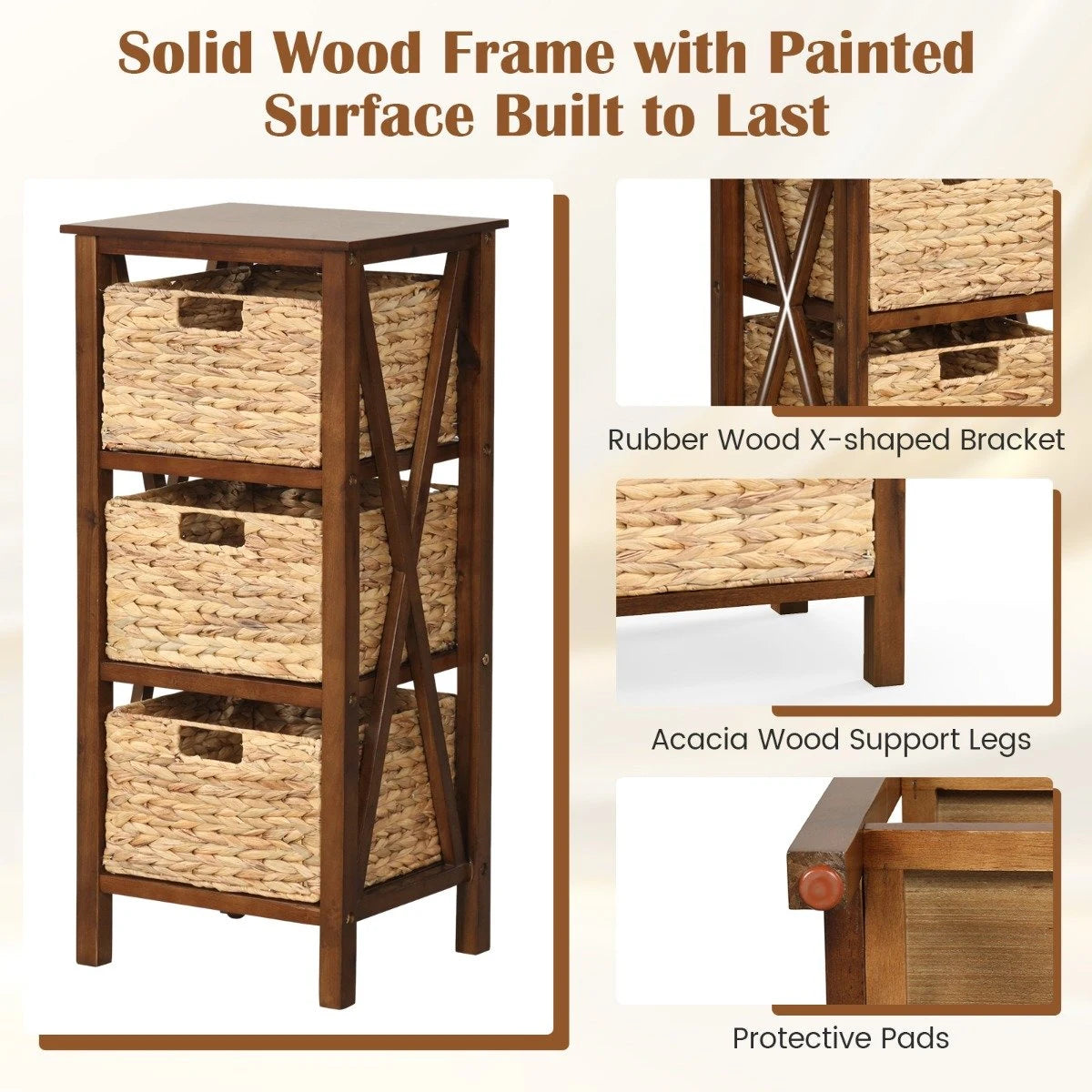 3/4-Tier Nightstand with 2/3 Seagrass Baskets Narrow X-Design-3 Baskets