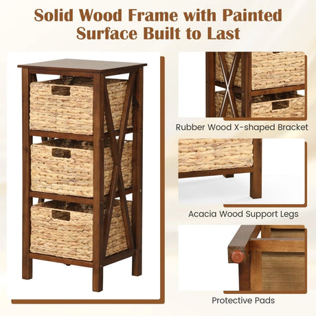 3/4-Tier Nightstand with 2/3 Seagrass Baskets Narrow X-Design-3 Baskets