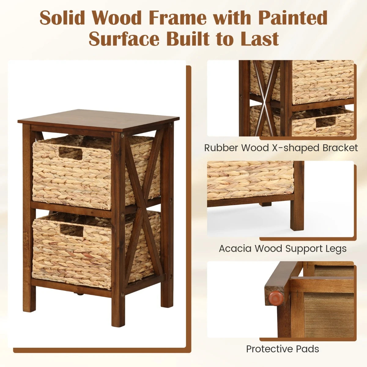 3-Tier Nightstand with 2 Seagrass Baskets Narrow X-Design