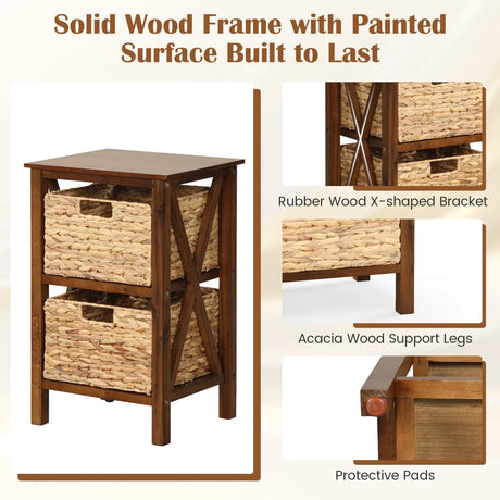 3-Tier Nightstand with 2 Seagrass Baskets Narrow X-Design