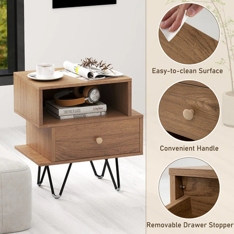 Mid Century Modern End Tables Set of 2 with Removable Drawer-Natural