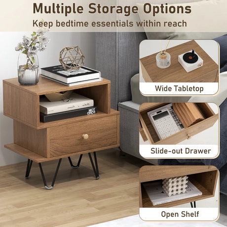 Mid Century Modern End Tables Set of 2 with Removable Drawer-Natural