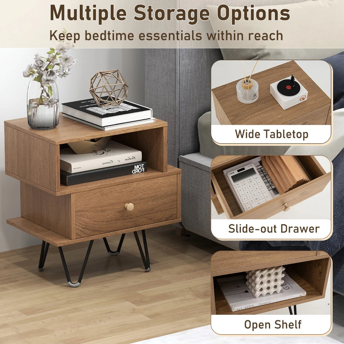 Mid Century Modern End Tables Set of 2 with Removable Drawer-Natural