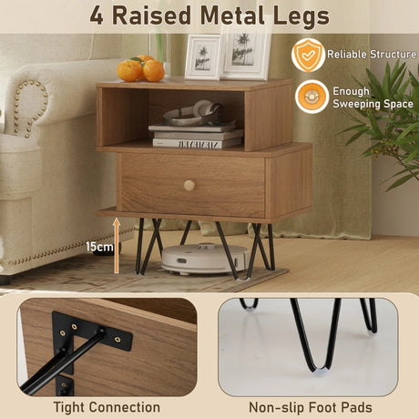 Mid Century Modern End Tables Set of 2 with Removable Drawer-Natural