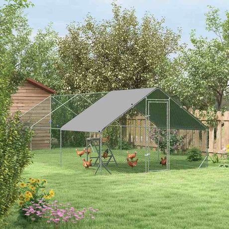 PawHut Walk-in Galvanised Steel Chicken Run with Chicken Activity Shelf and Cover, 3 x 6 x 2m