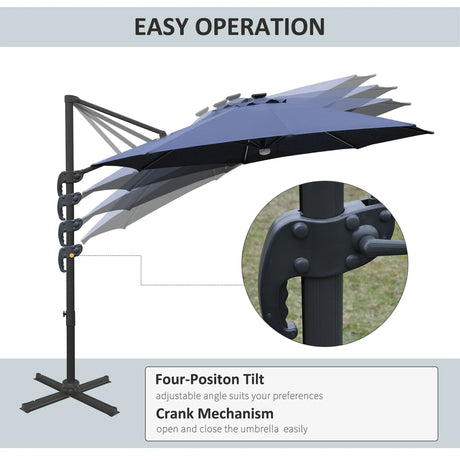 Outsunny 3(m) LED Cantilever Parasol Outdoor Sun Umbrella w/ Base Solar Lights Blue
