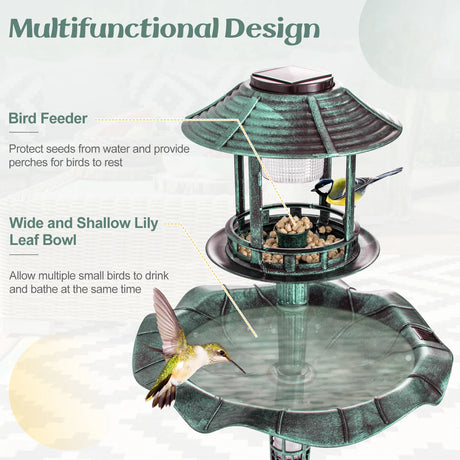 Antique Lighted Birdbath and Feeder Combo with 2 Solar-powered Lamps-Bronze
