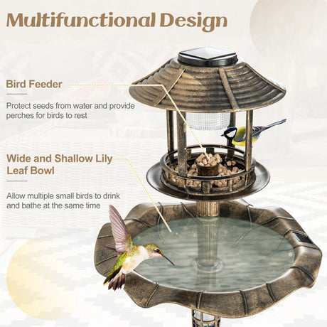 Antique Lighted Birdbath and Feeder Combo with 2 Solar-powered Lamps-Antique