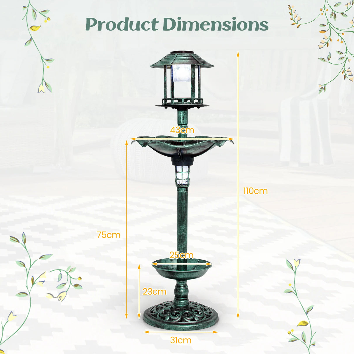 Antique Lighted Birdbath and Feeder Combo with 2 Solar-powered Lamps-Bronze