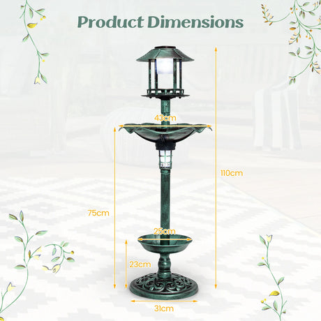 Antique Lighted Birdbath and Feeder Combo with 2 Solar-powered Lamps-Bronze
