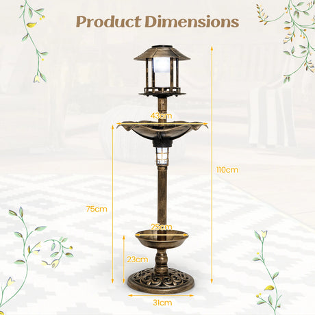 Antique Lighted Birdbath and Feeder Combo with 2 Solar-powered Lamps-Antique