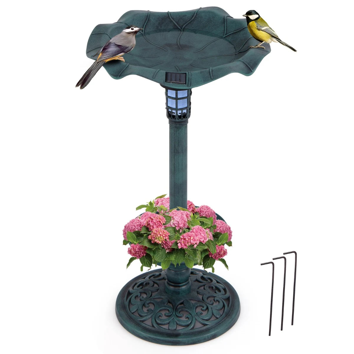 Solar-Powered Bird Bath and Feeder Combo Set for Garden Yard Lawn-Antique