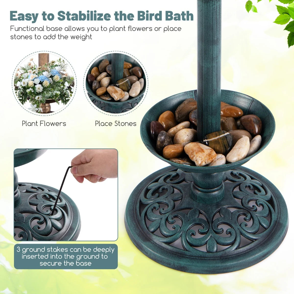 Solar-Powered Bird Bath and Feeder Combo Set for Garden Yard Lawn-Antique