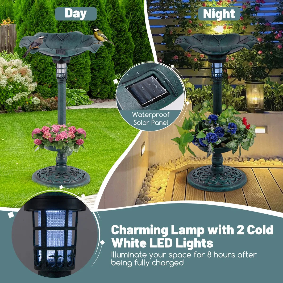 Solar-Powered Bird Bath and Feeder Combo Set for Garden Yard Lawn-Antique