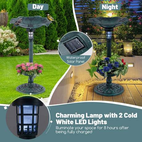 Solar-Powered Bird Bath and Feeder Combo Set for Garden Yard Lawn-Antique