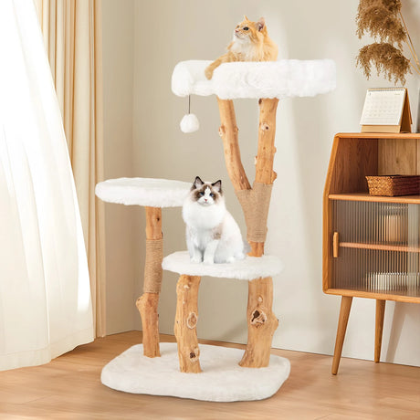 Solid Wood Cat Tree with Perch and Natural Jute Scratching Posts-White