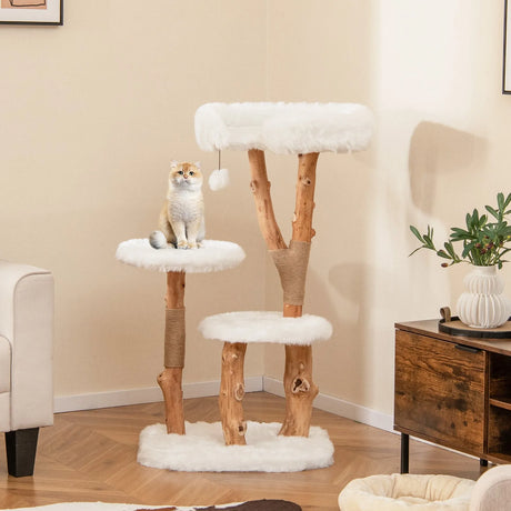 Solid Wood Cat Tree with Perch and Natural Jute Scratching Posts-White