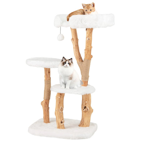 Solid Wood Cat Tree with Perch and Natural Jute Scratching Posts-White