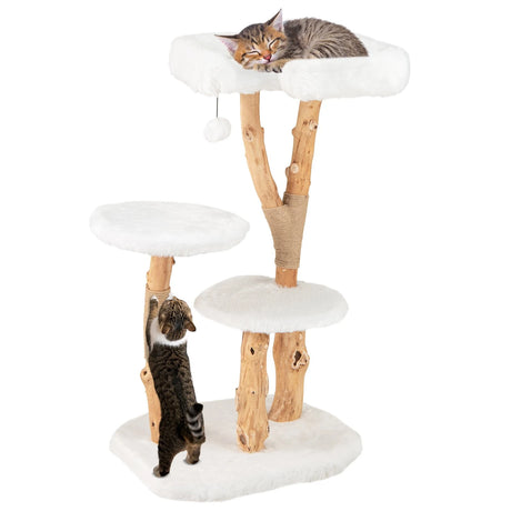 Solid Wood Cat Tree with Perch and Natural Jute Scratching Posts-White