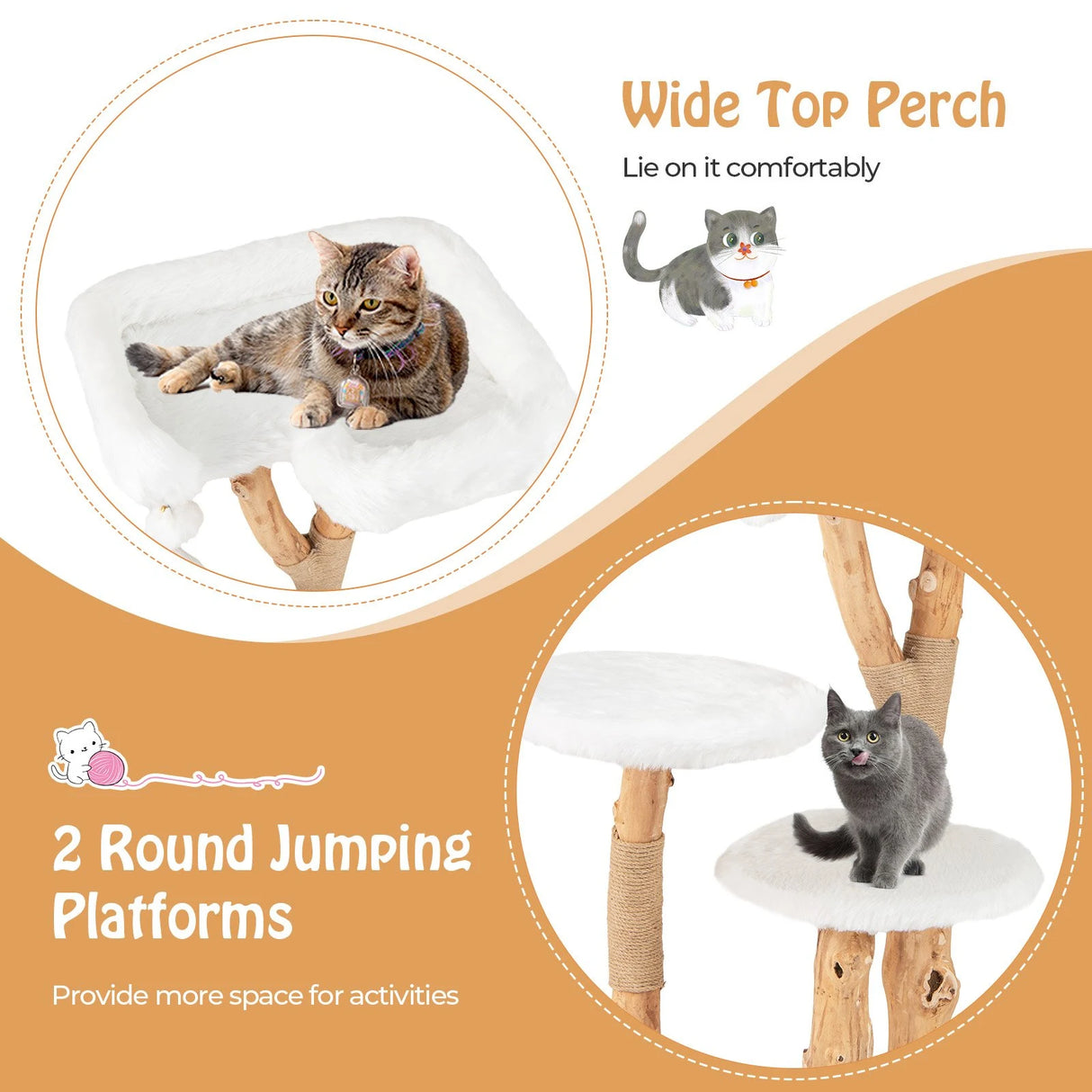 Solid Wood Cat Tree with Perch and Natural Jute Scratching Posts-White