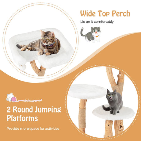 Solid Wood Cat Tree with Perch and Natural Jute Scratching Posts-White