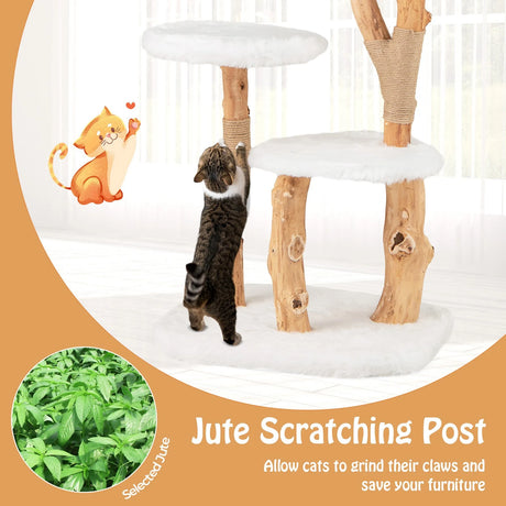 Solid Wood Cat Tree with Perch and Natural Jute Scratching Posts-White