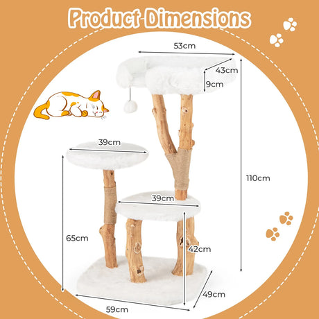 Solid Wood Cat Tree with Perch and Natural Jute Scratching Posts-White
