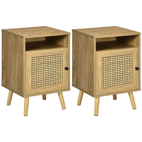 HOMCOM Bedside Table with Rattan Element, Side End Table with Shelf and Cupboard, 39cmx35cmx60cm, Set of 2, Natural