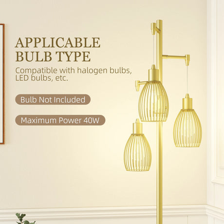 HOMCOM 3-Light Floor Lamp, 170cm Industrial Dimmable Standing Lamp with Steel Wire Cage Lampshades for Living Room, Bedroom, Dining Room, Study, Gold Tone