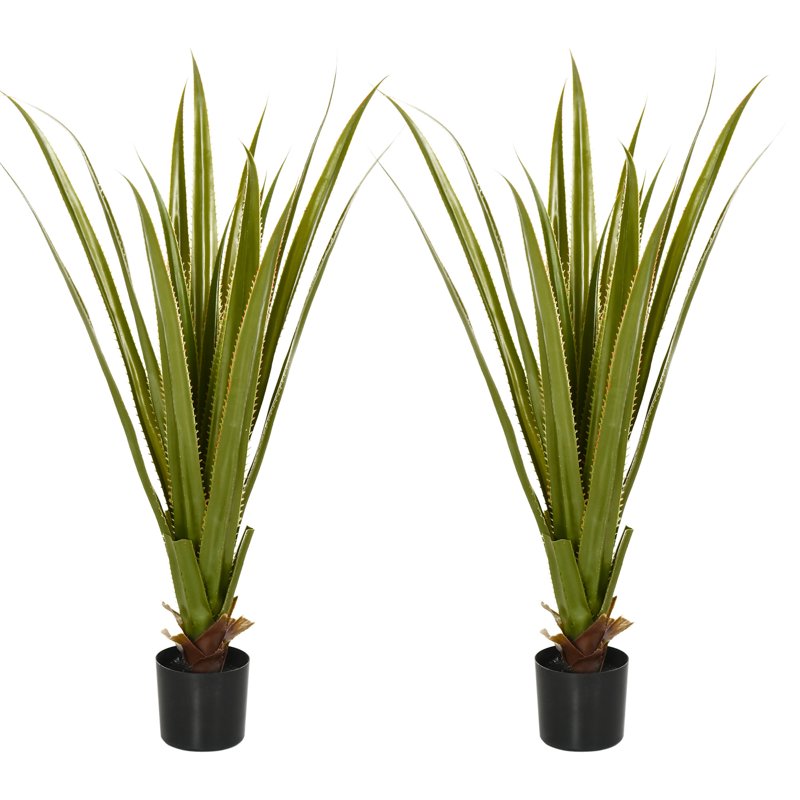 HOMCOM Set of 2 Artificial Plants Agave Succulent in Pot Desk Fake Plants for Home Indoor Outdoor Decor, 15x15x90cm, Green