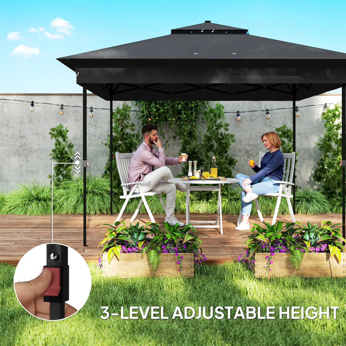 Outsunny 3.36 x 3.36m Pop Up Gazebo Party Tent with Solar-Powered LED Lights, Adjustable Event Shelter with Netting, Black