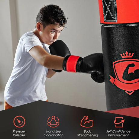 11 Pounds Kids Hanging Punching Bag Set with Punching Gloves-Black