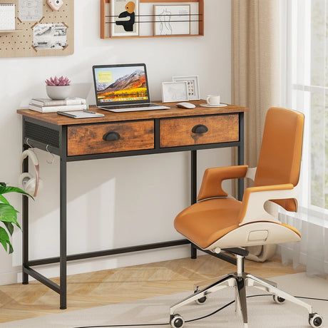 Computer Desk Space Saving Home Office Desk with 2 Fabric Drawers-Rustic Brown