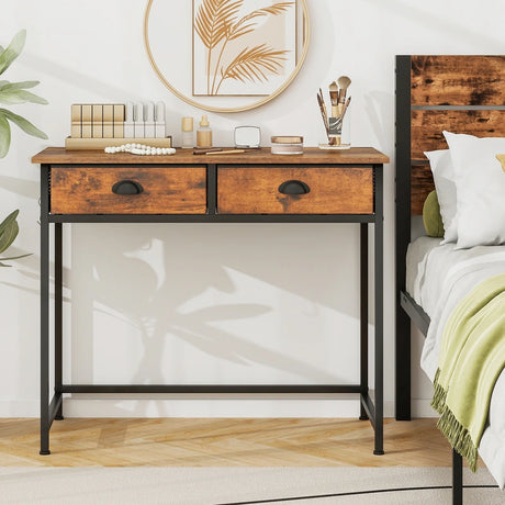 Computer Desk Space Saving Home Office Desk with 2 Fabric Drawers-Rustic Brown
