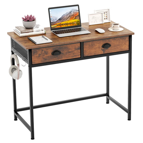 Computer Desk Space Saving Home Office Desk with 2 Fabric Drawers-Rustic Brown