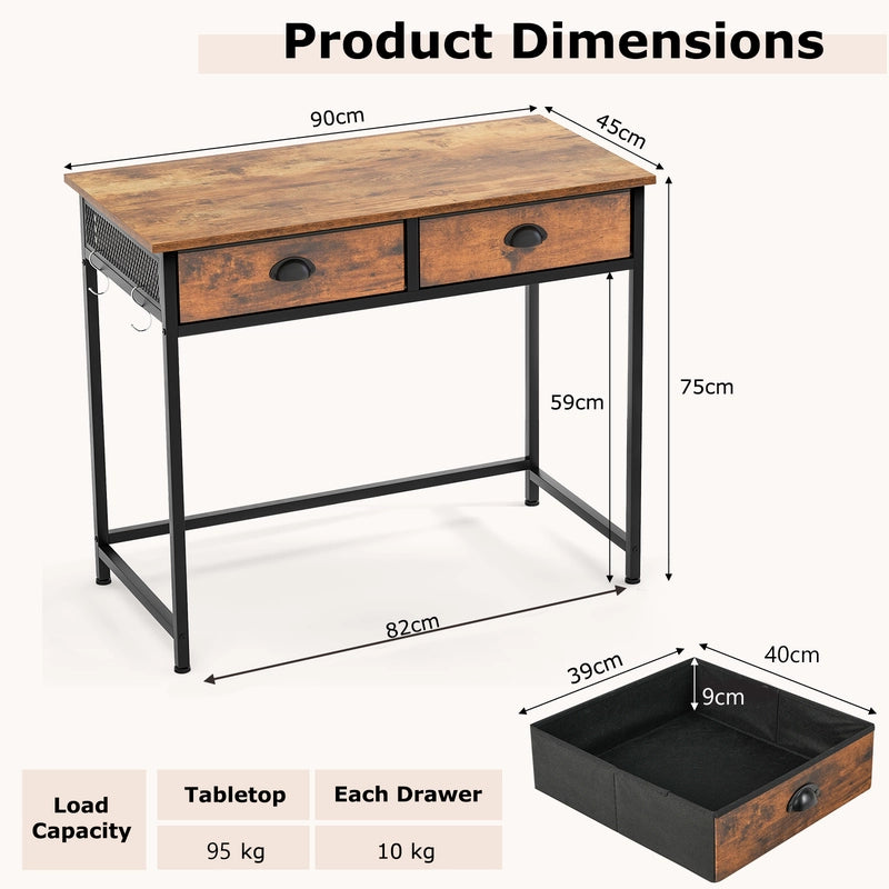 Computer Desk Space Saving Home Office Desk with 2 Fabric Drawers-Rustic Brown