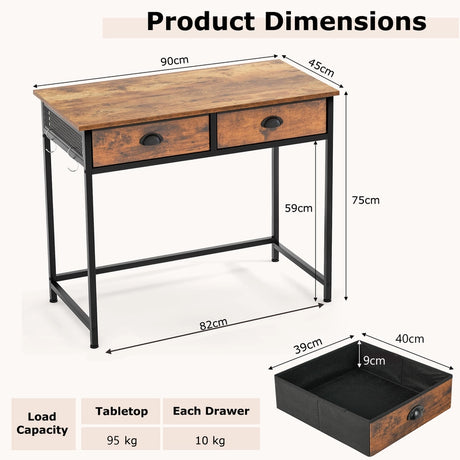 Computer Desk Space Saving Home Office Desk with 2 Fabric Drawers-Rustic Brown