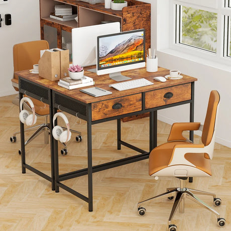Computer Desk Space Saving Home Office Desk with 2 Fabric Drawers-Rustic Brown