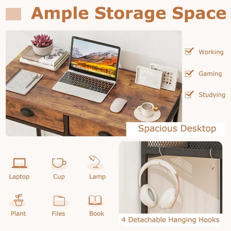 Computer Desk Space Saving Home Office Desk with 2 Fabric Drawers-Rustic Brown