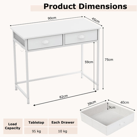Computer Desk Space Saving Home Office Desk with 2 Fabric Drawers-White