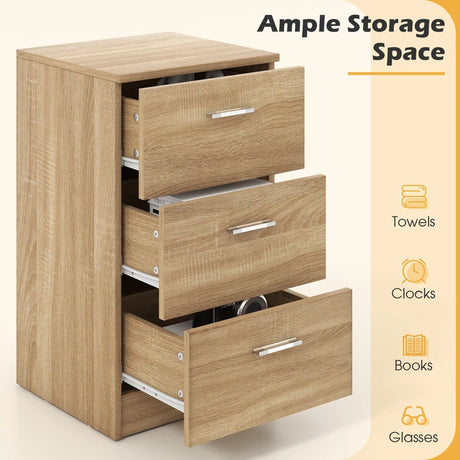 Bedside table with 3 drawers, side table, nightstand for box spring bed, 38 x 35 x 66 cm, natural