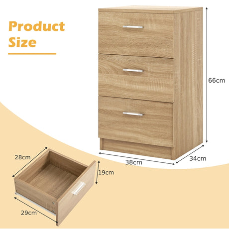 Bedside table with 3 drawers, side table, nightstand for box spring bed, 38 x 35 x 66 cm, natural