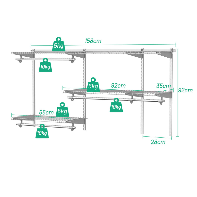 Custom Closet Organizer Kit 3 to 5 Feet Wall-Mounted Closet System with Hang Rod-Gray