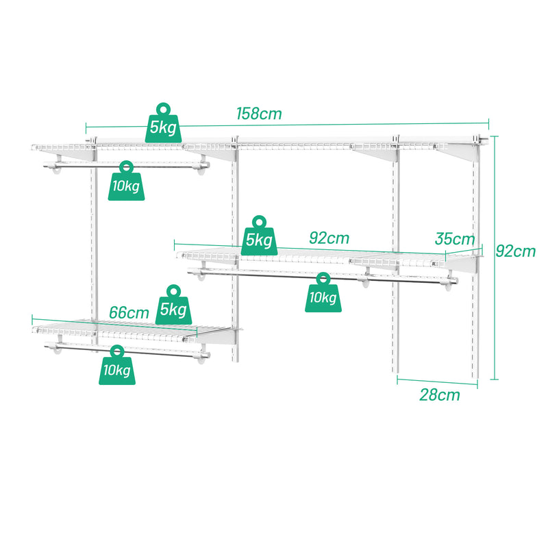Custom Closet Organizer Kit 3 to 5 Feet Wall-Mounted Closet System with Hang Rod-White