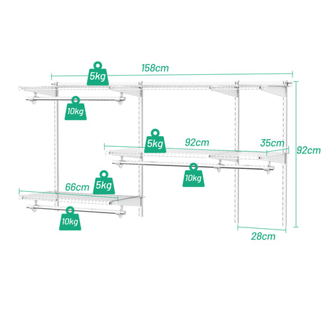 Custom Closet Organizer Kit 3 to 5 Feet Wall-Mounted Closet System with Hang Rod-White
