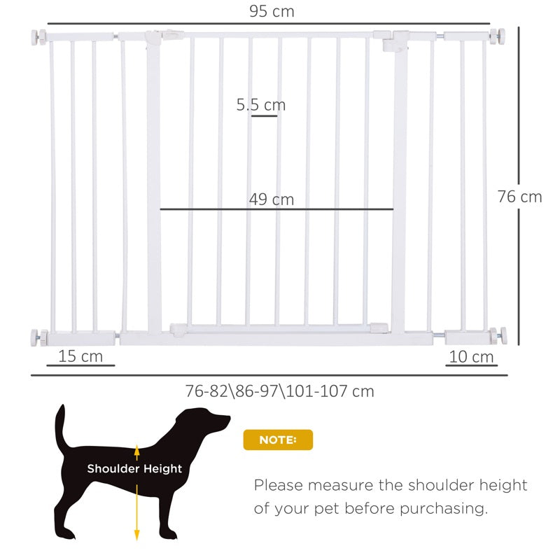 PawHut Dog Gate Pet Safety Gate Stair Barrier Pressure Fit Adjustable 76-82/86-97/101-107 cm, White