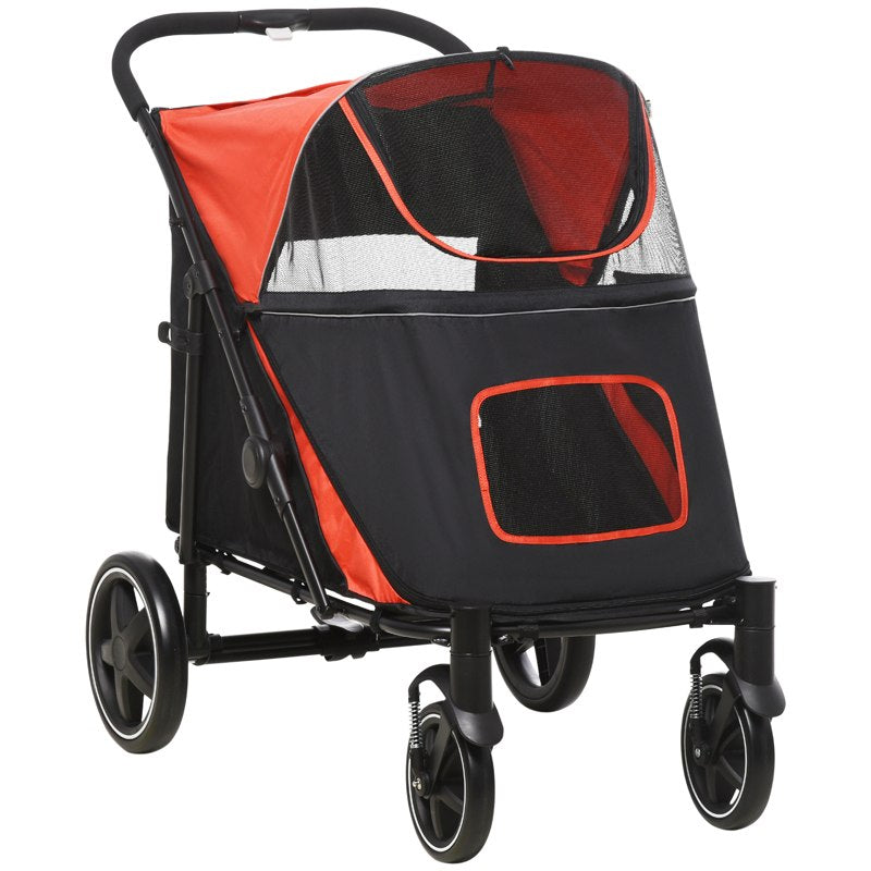 PawHut Foldable Pet Stroller, with Universal Wheels, Shock Absorber, for Medium and Large Dogs - Red